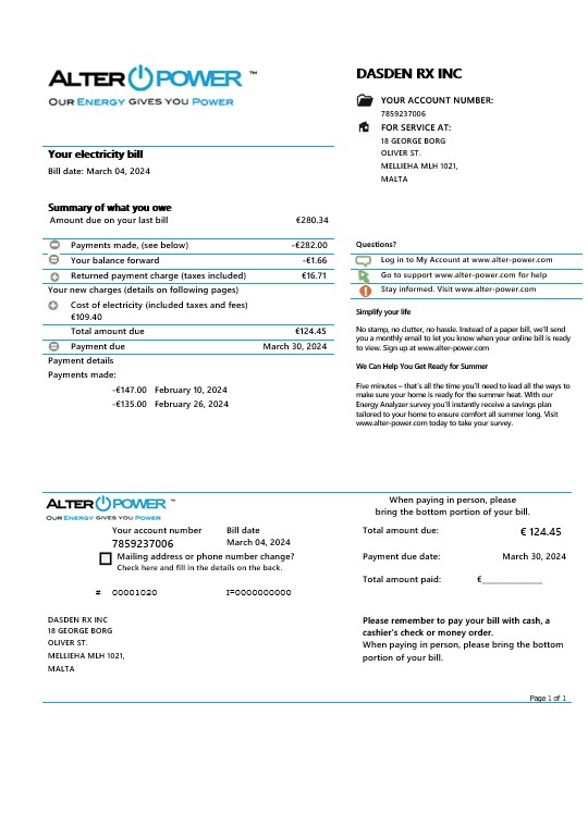 Malta AlterPower Malta proof of address business utility bill template in Word and PDF formats